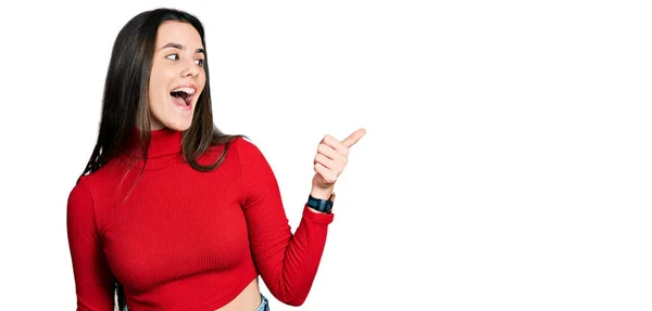 Young Brunette Teenager Wearing Red Turtleneck Sweater Smiling Happy Face — Foto de Stock