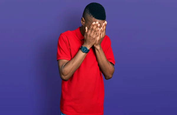 Young African American Man Wearing Casual Red Shirt Sad Expression — Stock Photo, Image