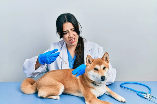 美しいヒスパニック系獣医師の女性は 子犬の犬に無知で混乱表現にワクチンを入れて 疑わしい概念 — ストック写真