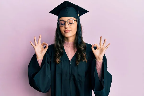 Young Hispanic Woman Wearing Graduation Cap Ceremony Robe Relax Smiling — Stock Photo, Image