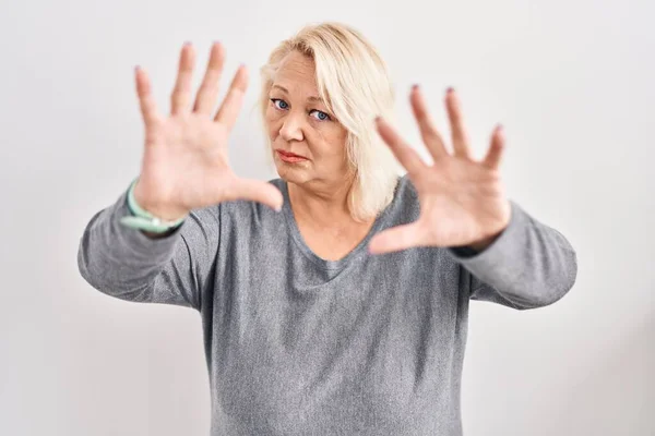 Middle Age Caucasian Woman Standing White Background Doing Frame Using — Stock Photo, Image