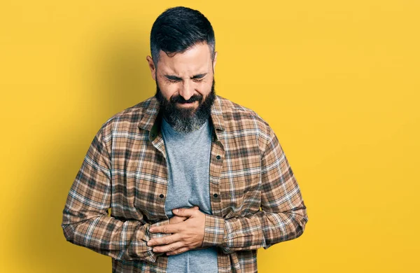 Hispanic Man Beard Wearing Casual Shirt Hand Stomach Because Nausea —  Fotos de Stock
