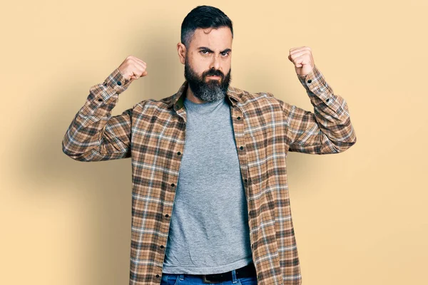 Hispanic Man Beard Wearing Casual Shirt Showing Arms Muscles Smiling — Photo