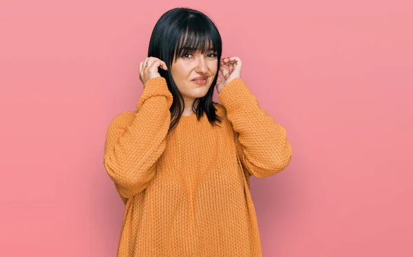 Young Hispanic Woman Wearing Casual Clothes Covering Ears Fingers Annoyed — Stock Photo, Image