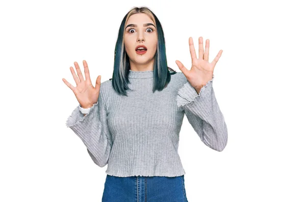 Young Modern Girl Wearing Casual Sweater Afraid Terrified Fear Expression — Fotografia de Stock