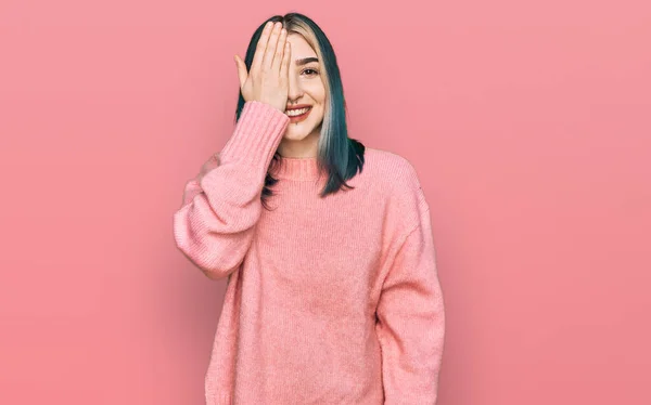 Young Modern Girl Wearing Pink Wool Winter Sweater Covering One — Fotografia de Stock