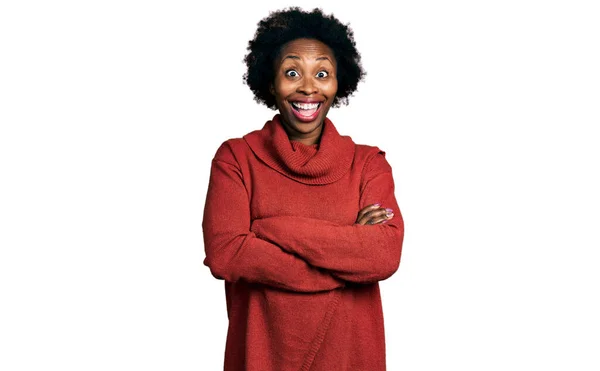 African American Woman Afro Hair Arms Crossed Gesture Celebrating Crazy — Stock fotografie