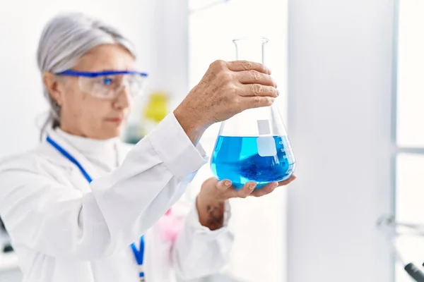 Middle Age Grey Haired Woman Wearing Scientist Uniform Holding Test — Stock Photo, Image