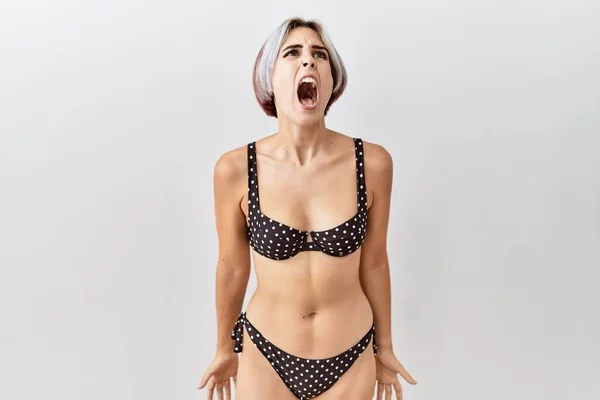 Young Beautiful Woman Wearing Swimsuit Isolated Background Angry Mad Screaming — Foto Stock