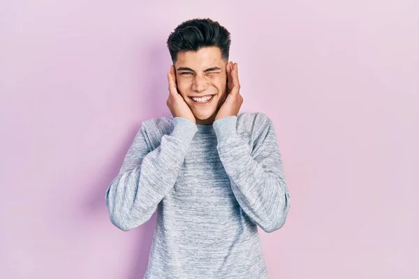 Young Hispanic Man Wearing Casual Clothes Covering Ears Fingers Annoyed — Stock Photo, Image