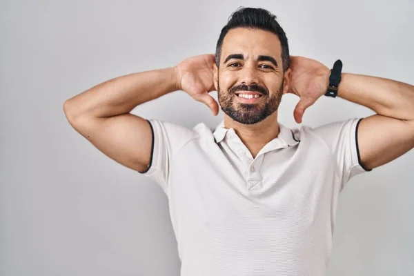 Young Hispanic Man Beard Wearing Casual Clothes White Background Relaxing — стоковое фото