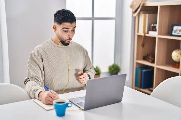 Mladý Pohledný Muž Pomocí Počítače Notebook Dělat Line Hovor Vyděšený — Stock fotografie