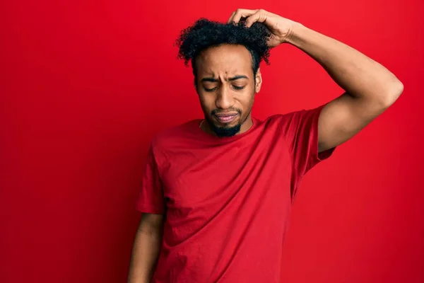 Young African American Man Beard Wearing Casual Red Shirt Confuse — 스톡 사진