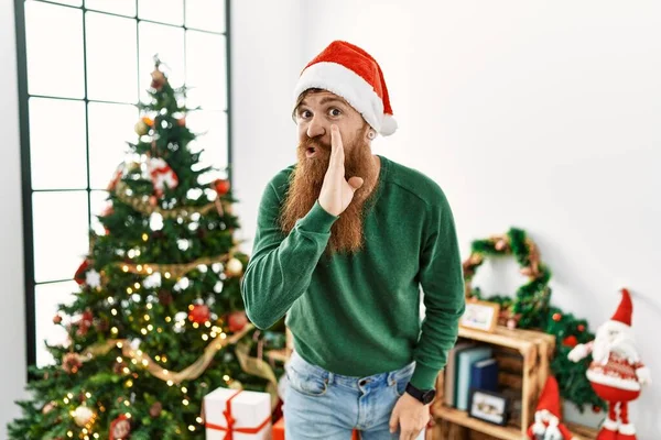 Redhead Man Long Beard Wearing Christmas Hat Christmas Tree Hand — Photo