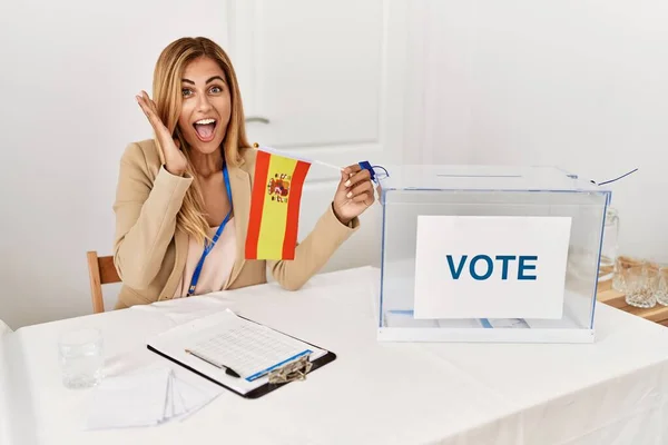 Blonde Beautiful Young Woman Political Campaign Election Holding Spain Flag — Stock Photo, Image