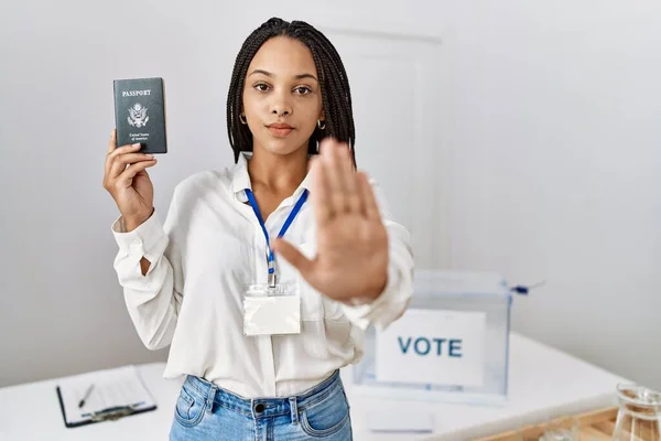 Young African American Woman Political Campaign Election Holding Usa Passport — Fotografia de Stock