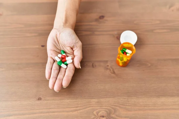 Middle Age Blonde Woman Holding Pills Home — Stock Photo, Image