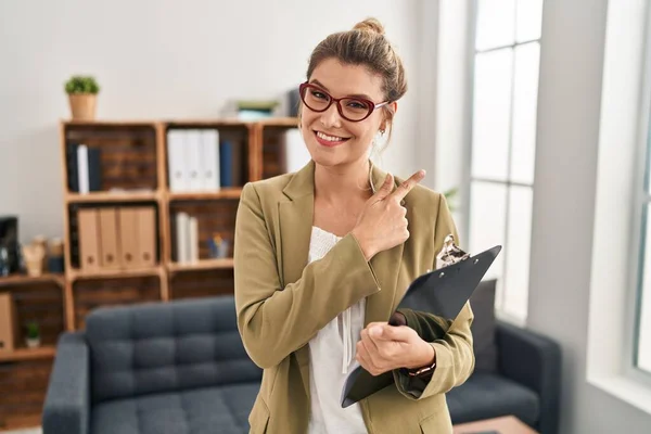 Young Woman Working Consultation Office Cheerful Smile Face Pointing Hand — 스톡 사진