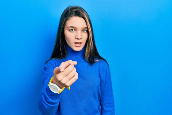 Young Brunette Girl Wearing Turtleneck Sweater Pointing Displeased Frustrated Camera — Stock Photo, Image