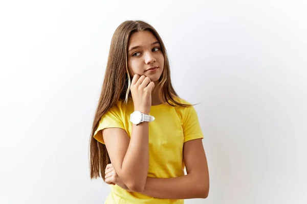 Young Brunette Teenager Standing Together Isolated Background Hand Chin Thinking — 스톡 사진