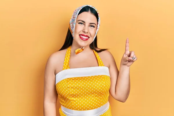 Young Hispanic Woman Wearing Pin Style Smiling Idea Question Pointing — Zdjęcie stockowe