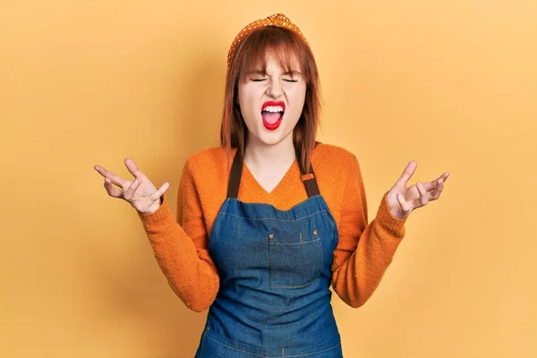 Redhead Young Woman Wearing Apron Celebrating Mad Crazy Success Arms — Stock Photo, Image