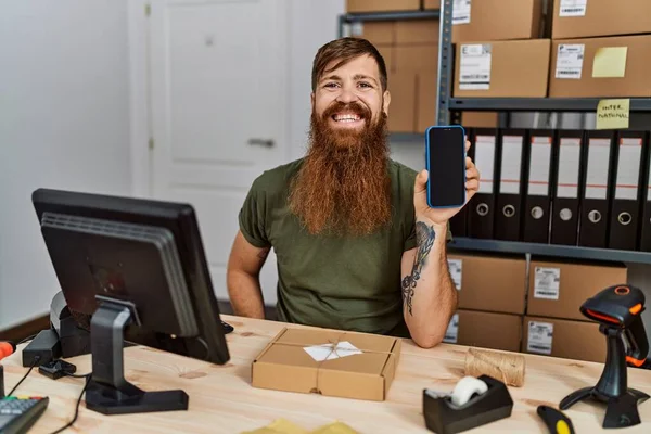 Redhead Man Long Beard Working Small Business Holding Smartphone Looking — Stok fotoğraf