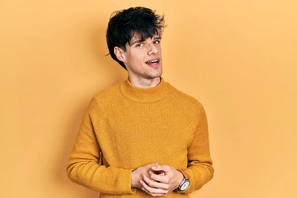 Handsome Hipster Young Man Wearing Casual Yellow Sweater Hands Together — Stock Photo, Image