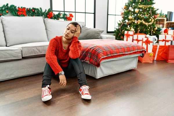 Young Hispanic Woman Unhappy Sitting Christmas Tree Home — Fotografia de Stock