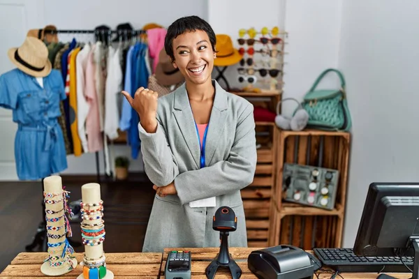 Young Hispanic Woman Short Hair Working Manager Retail Boutique Smiling — Stock Fotó