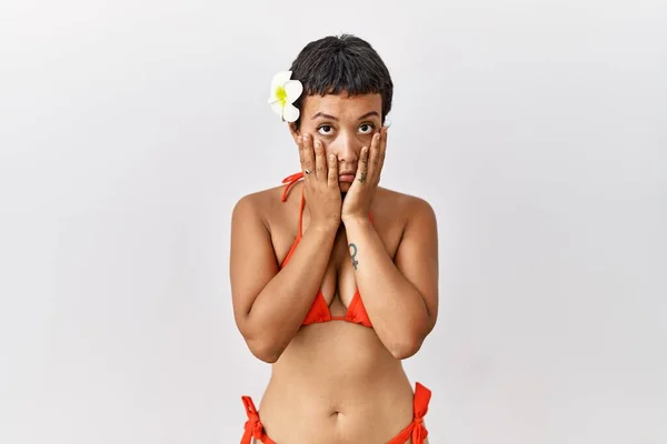 Young Hispanic Woman Short Hair Wearing Bikini Tired Hands Covering — Zdjęcie stockowe