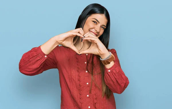 Young Hispanic Woman Wearing Casual Clothes Smiling Love Doing Heart — Stock Photo, Image