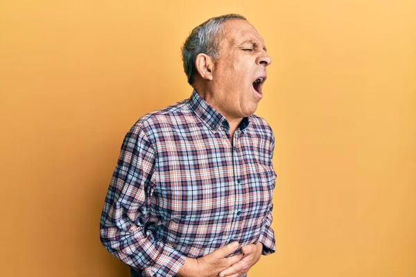 Handsome Senior Man Grey Hair Wearing Casual Shirt Hand Stomach —  Fotos de Stock