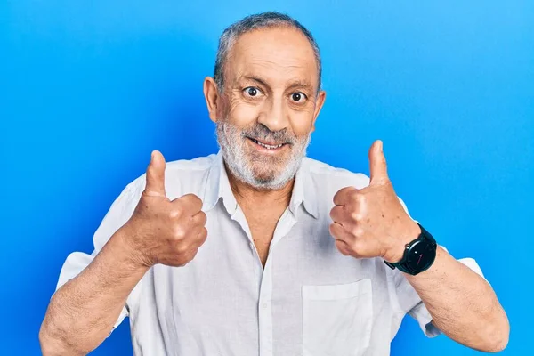 Handsome Senior Man Beard Wearing Casual White Shirt Success Sign — Zdjęcie stockowe