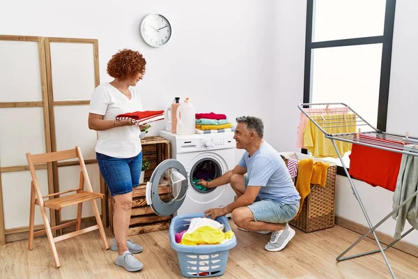 Middle Age Man Woman Couple Smiling Confident Washing Clothes Laundry — Stock Photo, Image