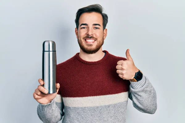 Handsome Caucasian Man Beard Holding Thermo Smiling Happy Positive Thumb — Stock Photo, Image