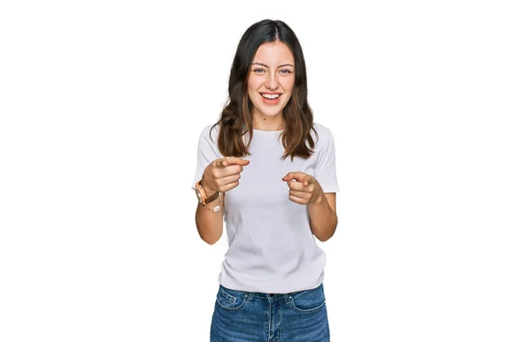 Young Beautiful Woman Wearing Casual White Shirt Pointing Fingers Camera — Stok fotoğraf