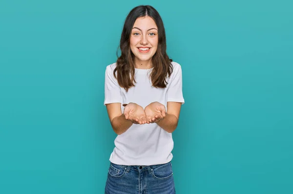 Young Beautiful Woman Wearing Casual White Shirt Smiling Hands Palms — Stock fotografie