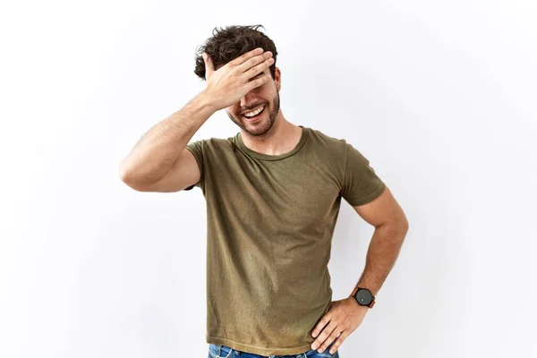Hispanic Man Standing Isolated White Background Smiling Laughing Hand Face — Stock Photo, Image