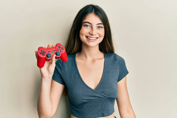 Young Caucasian Woman Playing Video Game Holding Controller Looking Positive — Photo