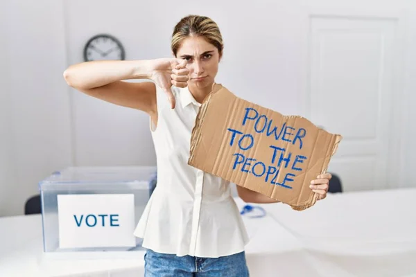 Young Blonde Woman Political Election Holding Power People Banner Angry — Fotografia de Stock