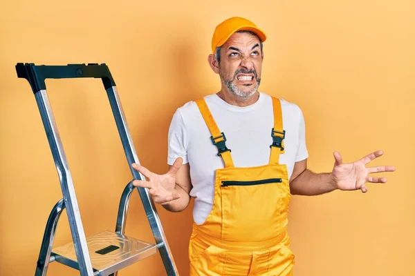 Handsome Middle Age Man Grey Hair Holding Ladder Crazy Mad — 스톡 사진