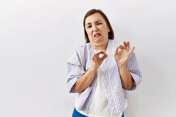 Beautiful Middle Age Hispanic Woman Standing Isolated Background Laughing Embarrassed — стоковое фото