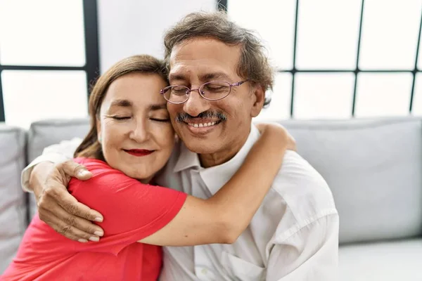 Middle Age Man Woman Couple Smiling Confident Hugging Each Other — Foto Stock