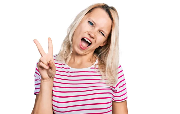 Young Caucasian Woman Wearing Casual Clothes Smiling Happy Face Winking — Stock Photo, Image