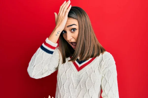 Young Brunette Girl Wearing Casual Student Sweater Surprised Hand Head — Stock Fotó