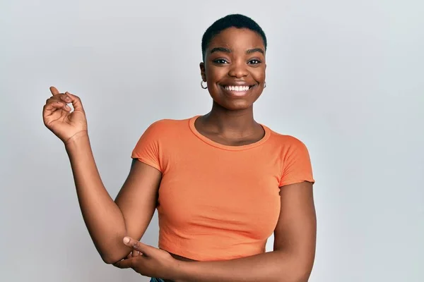 Young African American Woman Wearing Casual Orange Shirt Big Smile — Photo