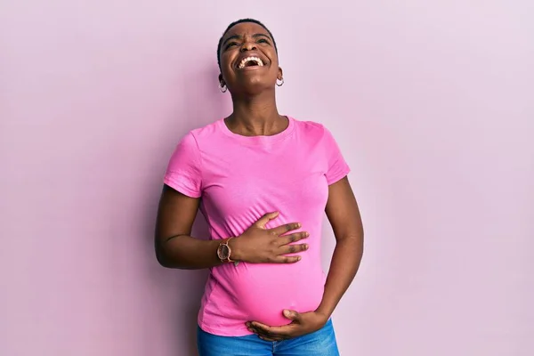 Young African American Woman Expecting Baby Touching Pregnant Belly Crazy — Stockfoto