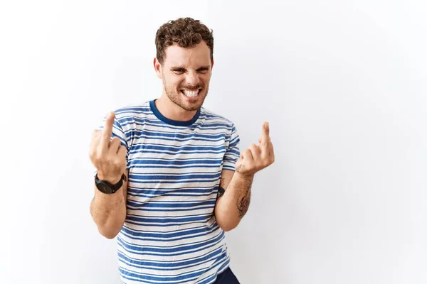 Handsome Young Man Standing Isolated Background Showing Middle Finger Doing — Stok Foto