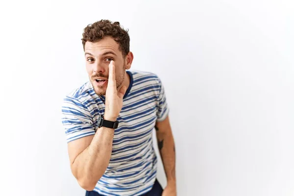 Handsome Young Man Standing Isolated Background Hand Mouth Telling Secret — Stok Foto